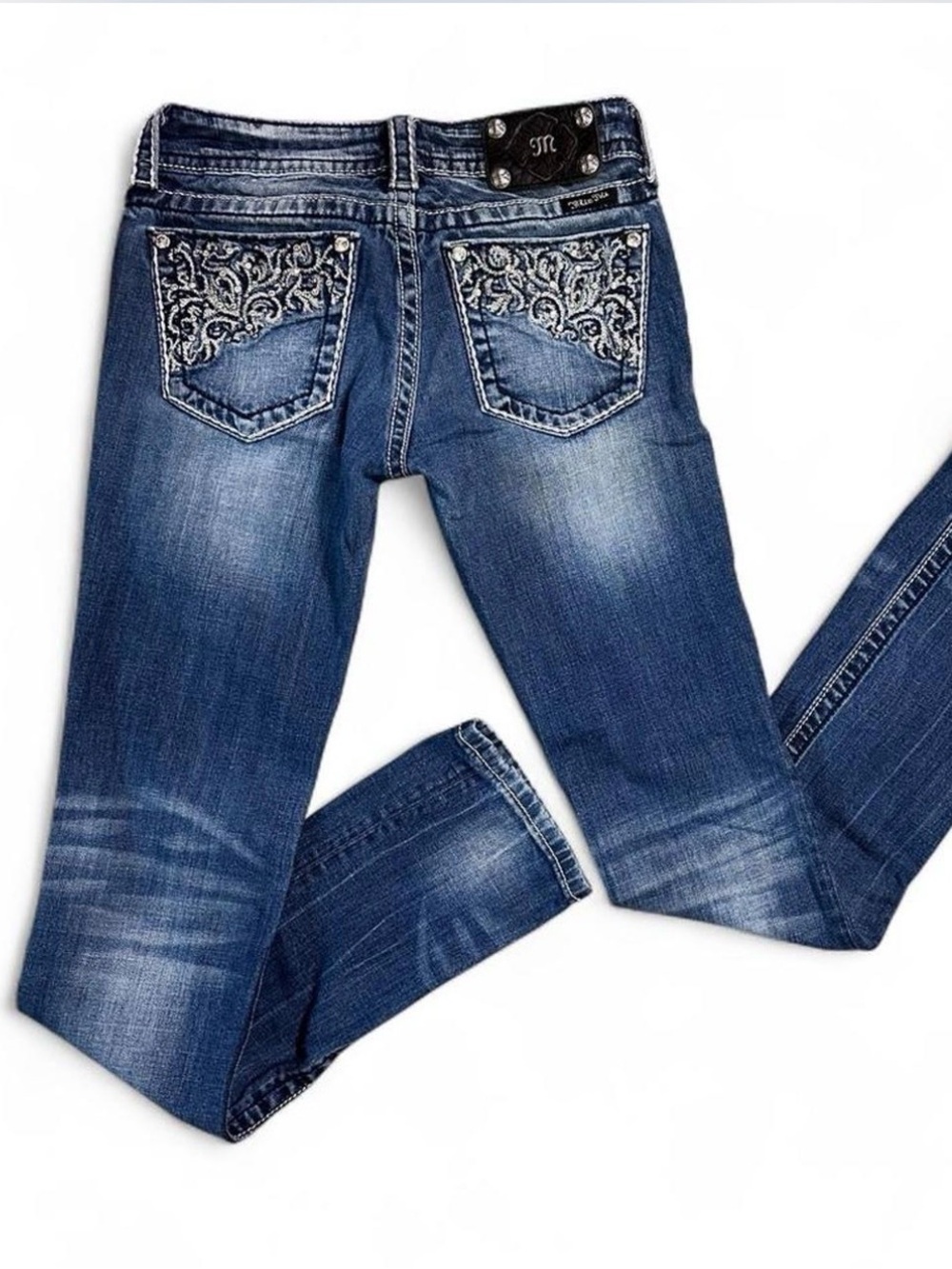 Miss Me Y2K low rise bedazzled straight jeans women’s 26 distressed denim
